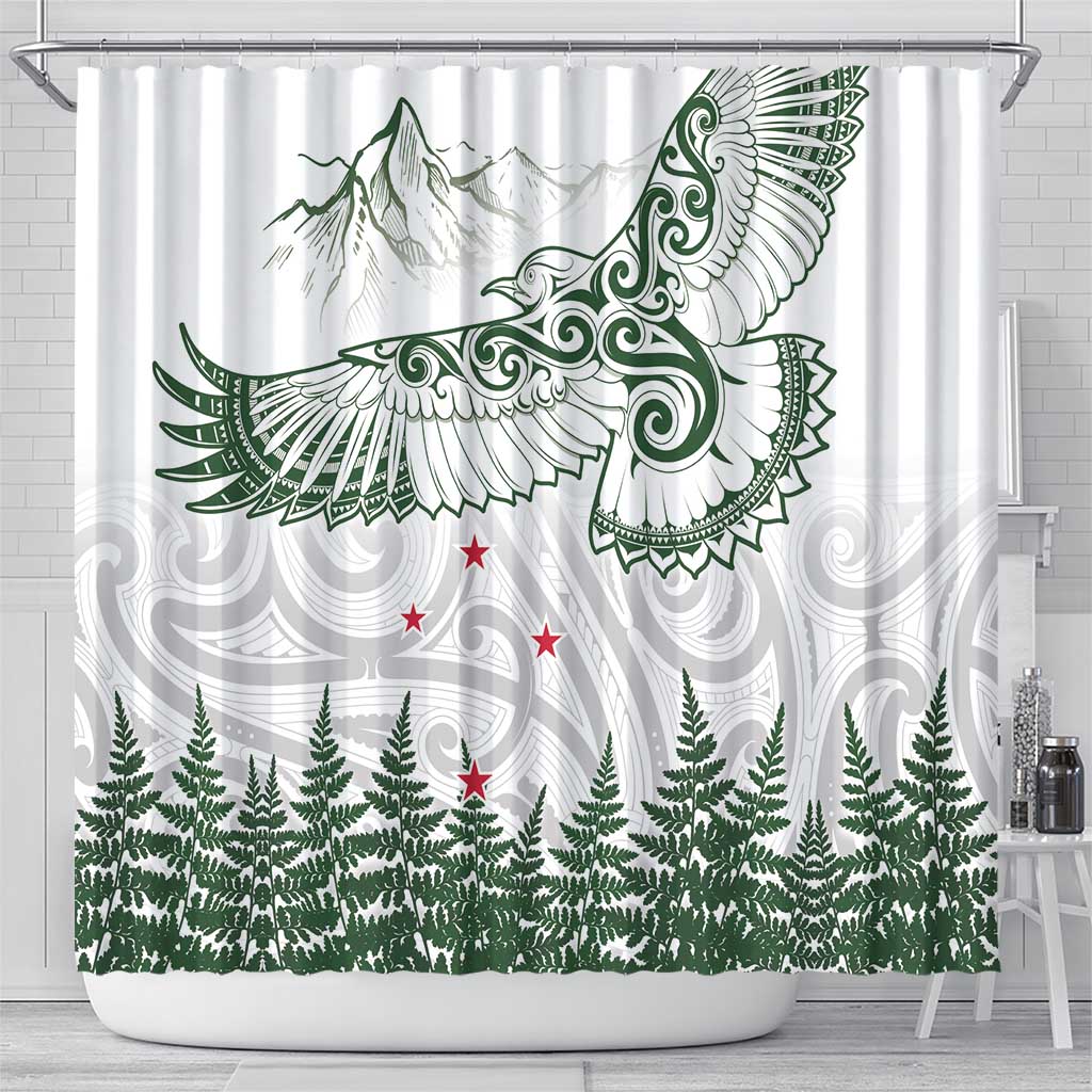 New Zealand Kea Bird Shower Curtain Maori Tattoo and Silver Fern Green Color
