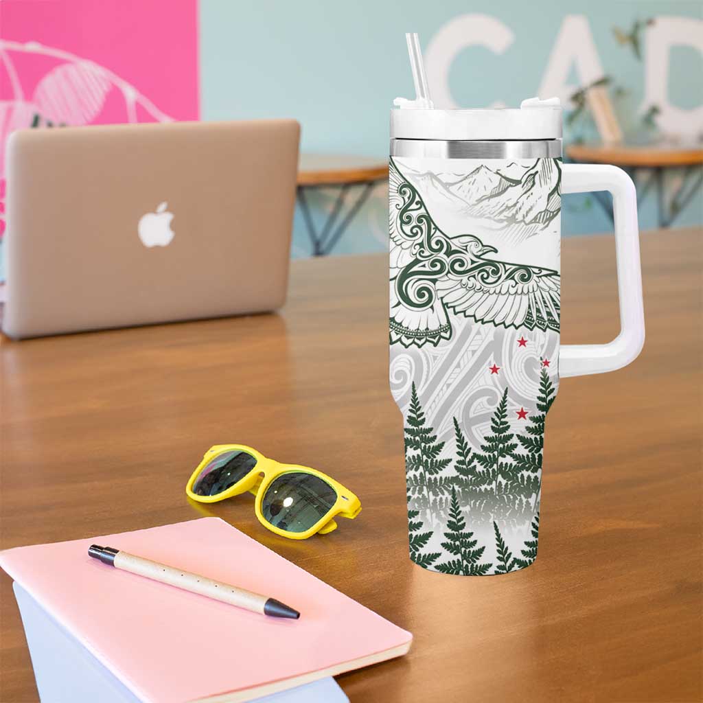 New Zealand Kea Bird Tumbler With Handle Maori Tattoo and Silver Fern Green Color