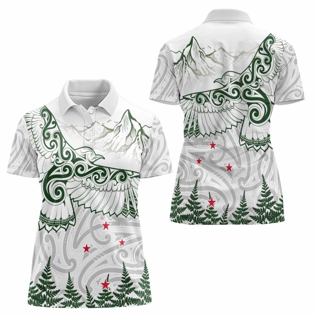 New Zealand Kea Bird Women Polo Shirt Maori Tattoo and Silver Fern Green Color