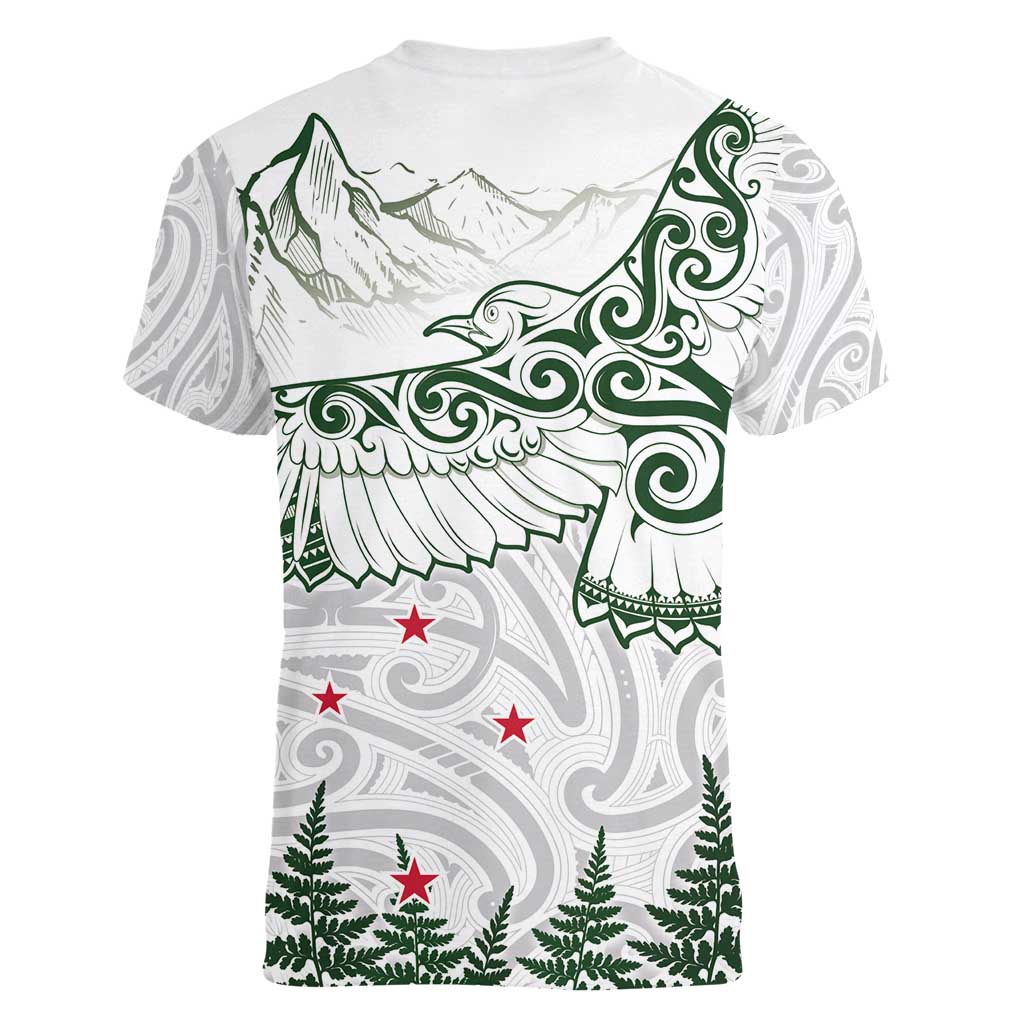 New Zealand Kea Bird Women V-Neck T-Shirt Maori Tattoo and Silver Fern Green Color
