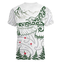 New Zealand Kea Bird Women V-Neck T-Shirt Maori Tattoo and Silver Fern Green Color