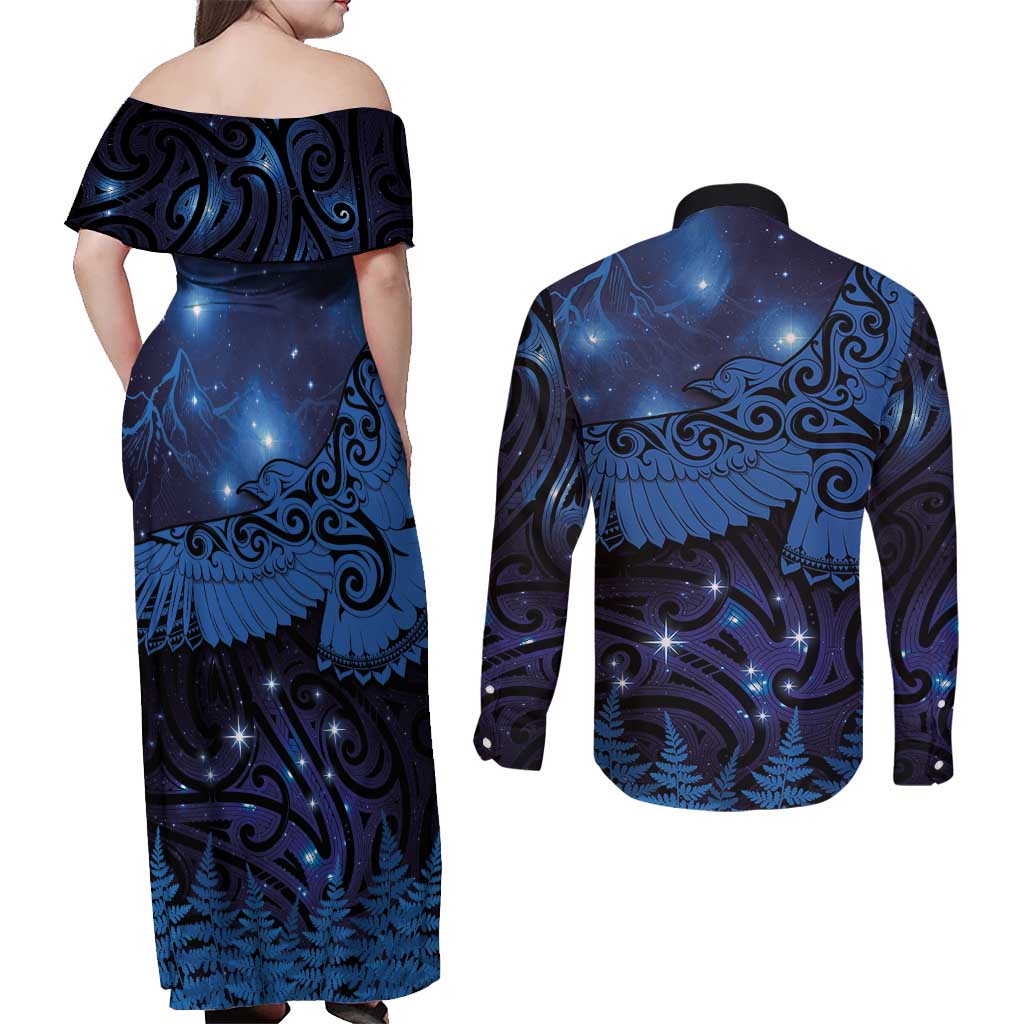New Zealand Kea Bird Couples Matching Off Shoulder Maxi Dress and Long Sleeve Button Shirt Maori Tattoo and Silver Fern Matariki Style
