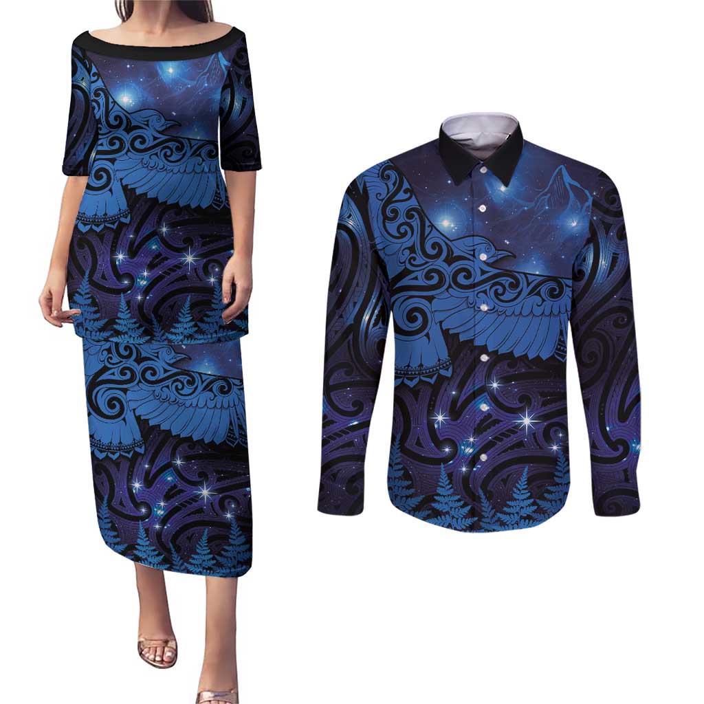 New Zealand Kea Bird Couples Matching Puletasi and Long Sleeve Button Shirt Maori Tattoo and Silver Fern Matariki Style LT03 Blue - Polynesian Pride