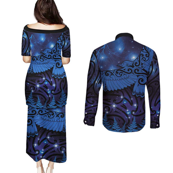 New Zealand Couples Matching Puletasi Dress and Long Sleeve Button Shirts Manaia Maori Pattern With Turquoise Fern LT05 main image 0