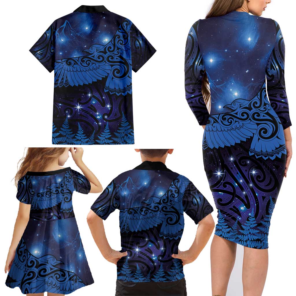 New Zealand Kea Bird Family Matching Long Sleeve Bodycon Dress and Hawaiian Shirt Maori Tattoo and Silver Fern Matariki Style