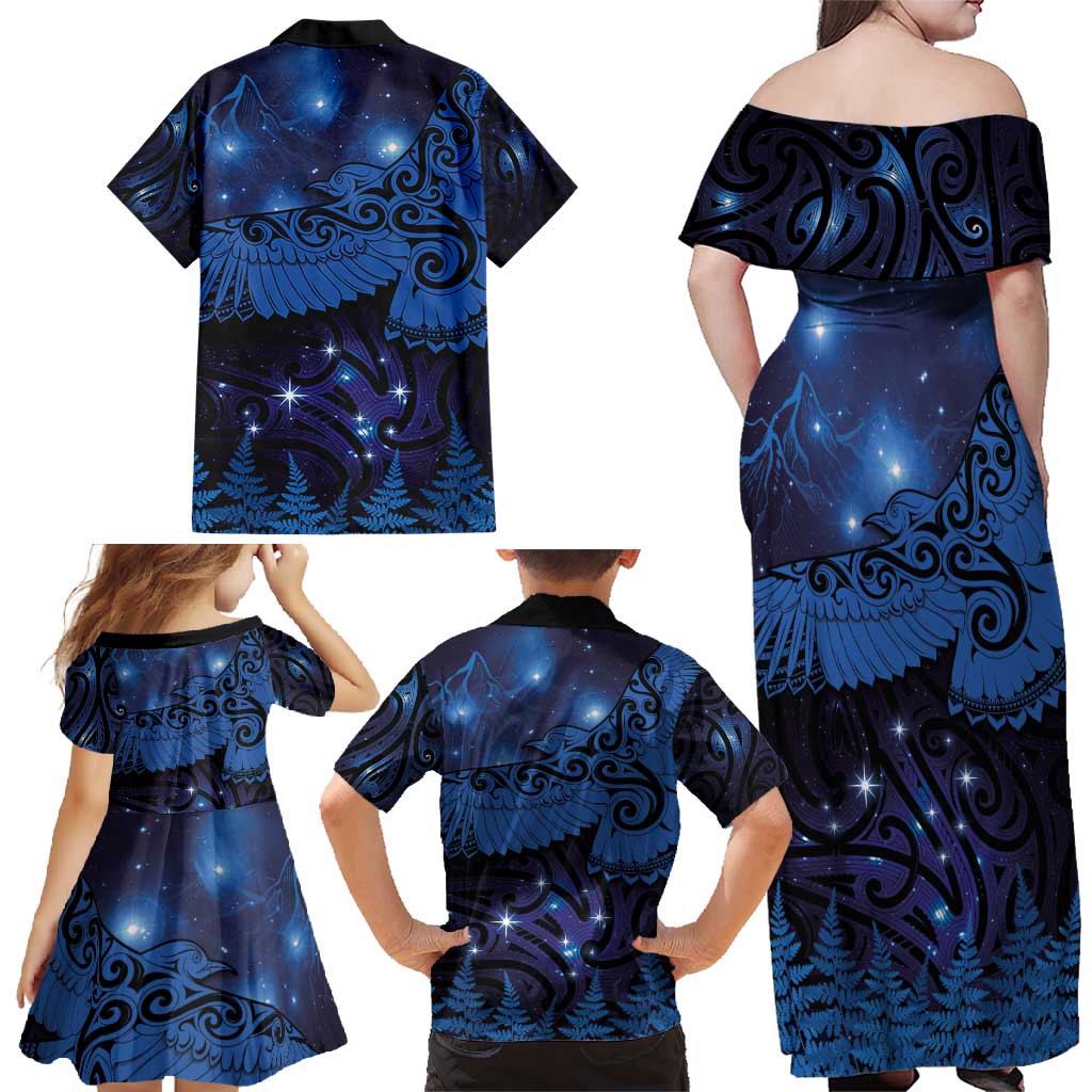 New Zealand Kea Bird Family Matching Off Shoulder Maxi Dress and Hawaiian Shirt Maori Tattoo and Silver Fern Matariki Style