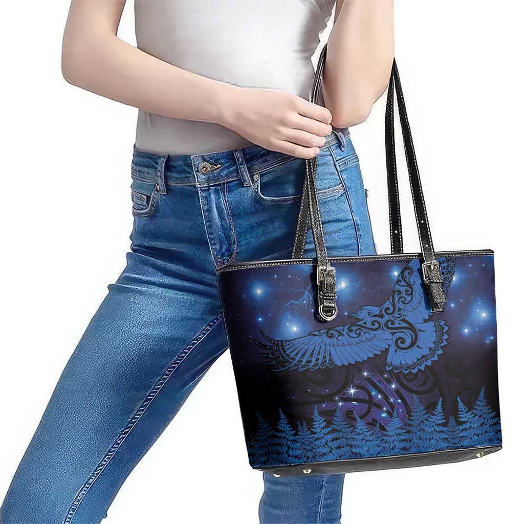 New Zealand Kea Bird Leather Tote Bag Maori Tattoo and Silver Fern Matariki Style