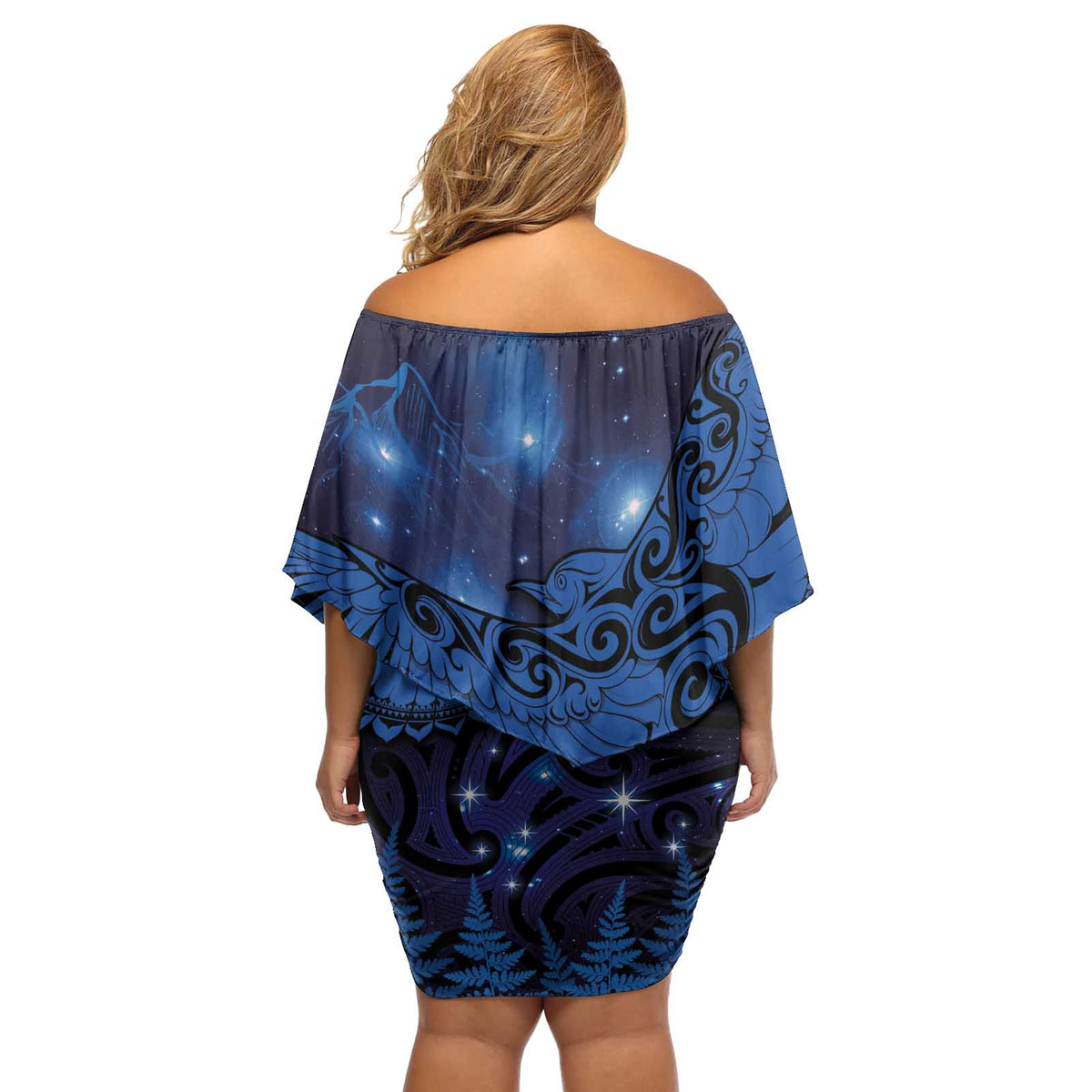 New Zealand Kea Bird Off Shoulder Short Dress Maori Tattoo and Silver Fern Matariki Style