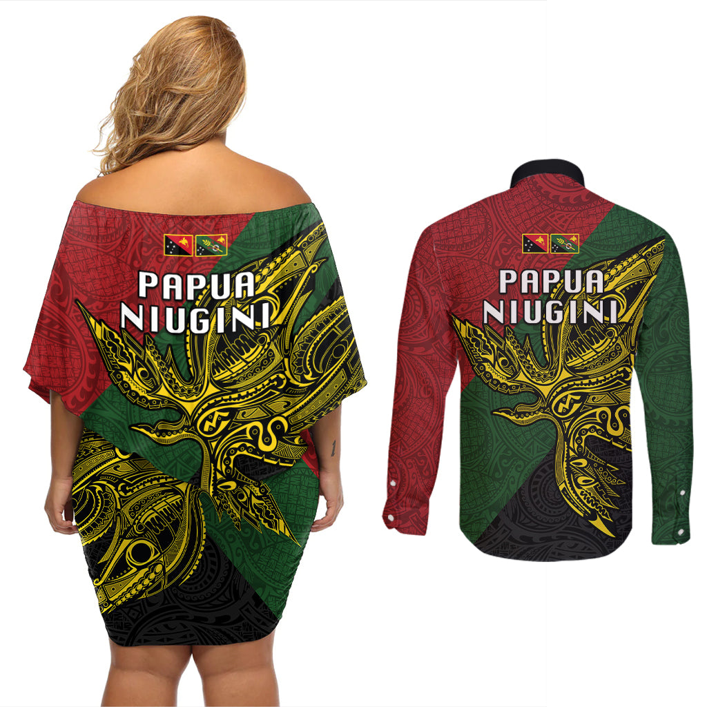 Papua New Guinea Chimbu Province Couples Matching Off Shoulder Short Dress and Long Sleeve Button Shirts PNG Birds Of Paradise Polynesian Arty Style LT03 - Polynesian Pride