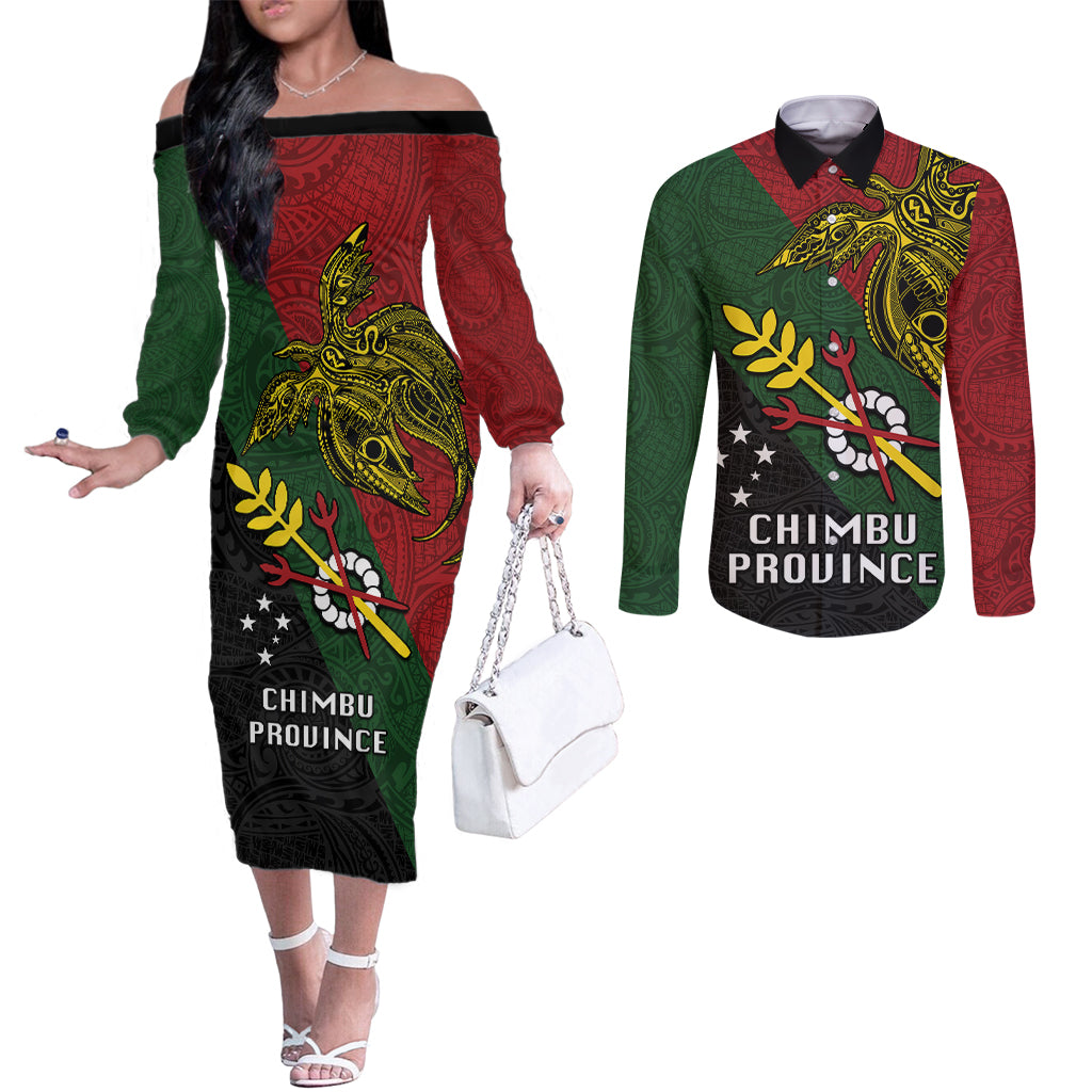 Papua New Guinea Chimbu Province Couples Matching Off The Shoulder Long Sleeve Dress and Long Sleeve Button Shirts PNG Birds Of Paradise Polynesian Arty Style LT03 Green - Polynesian Pride
