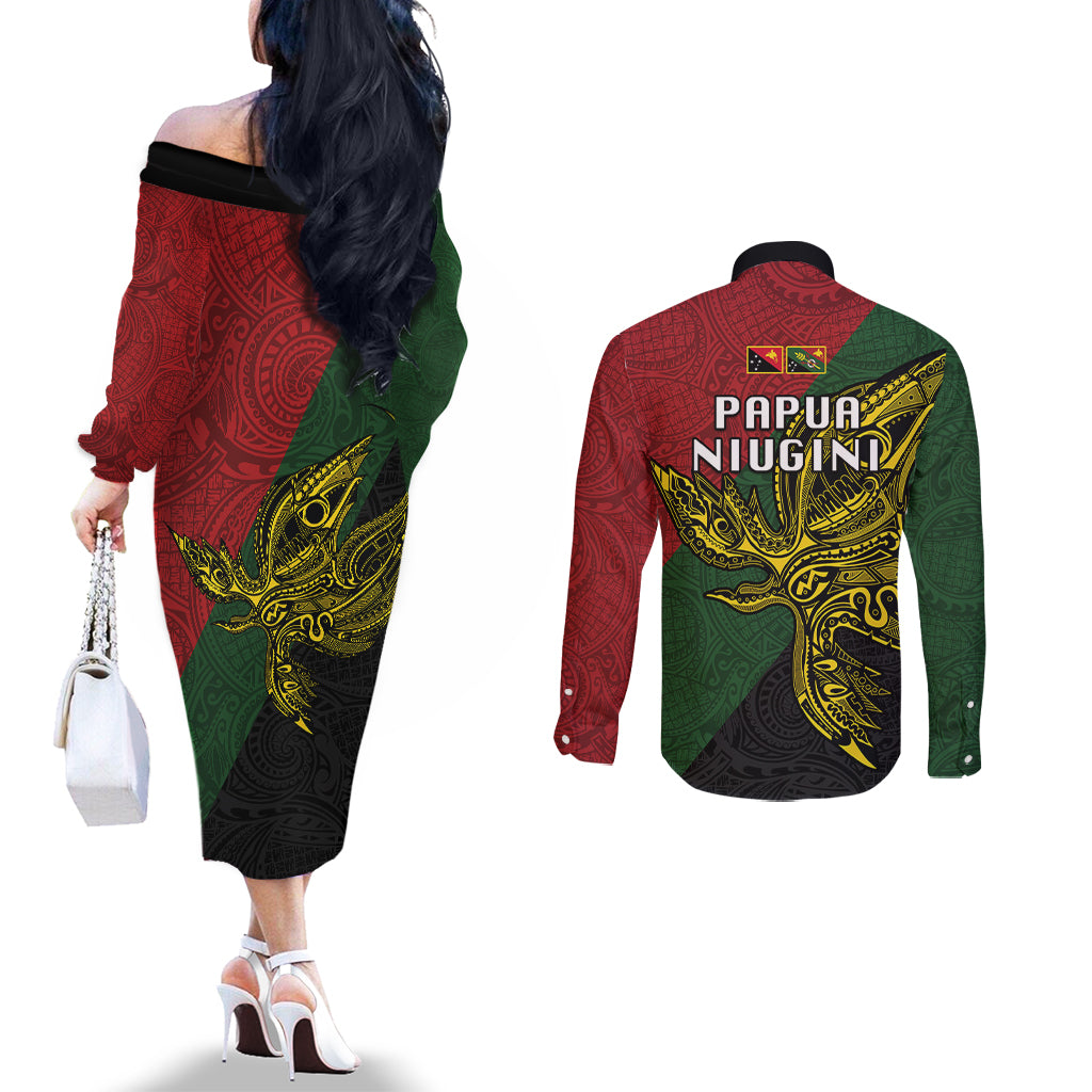 Papua New Guinea Chimbu Province Couples Matching Off The Shoulder Long Sleeve Dress and Long Sleeve Button Shirts PNG Birds Of Paradise Polynesian Arty Style LT03 - Polynesian Pride