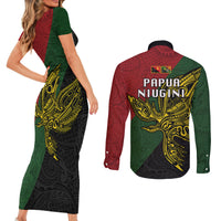 Papua New Guinea Chimbu Province Couples Matching Short Sleeve Bodycon Dress and Long Sleeve Button Shirts PNG Birds Of Paradise Polynesian Arty Style LT03 - Polynesian Pride