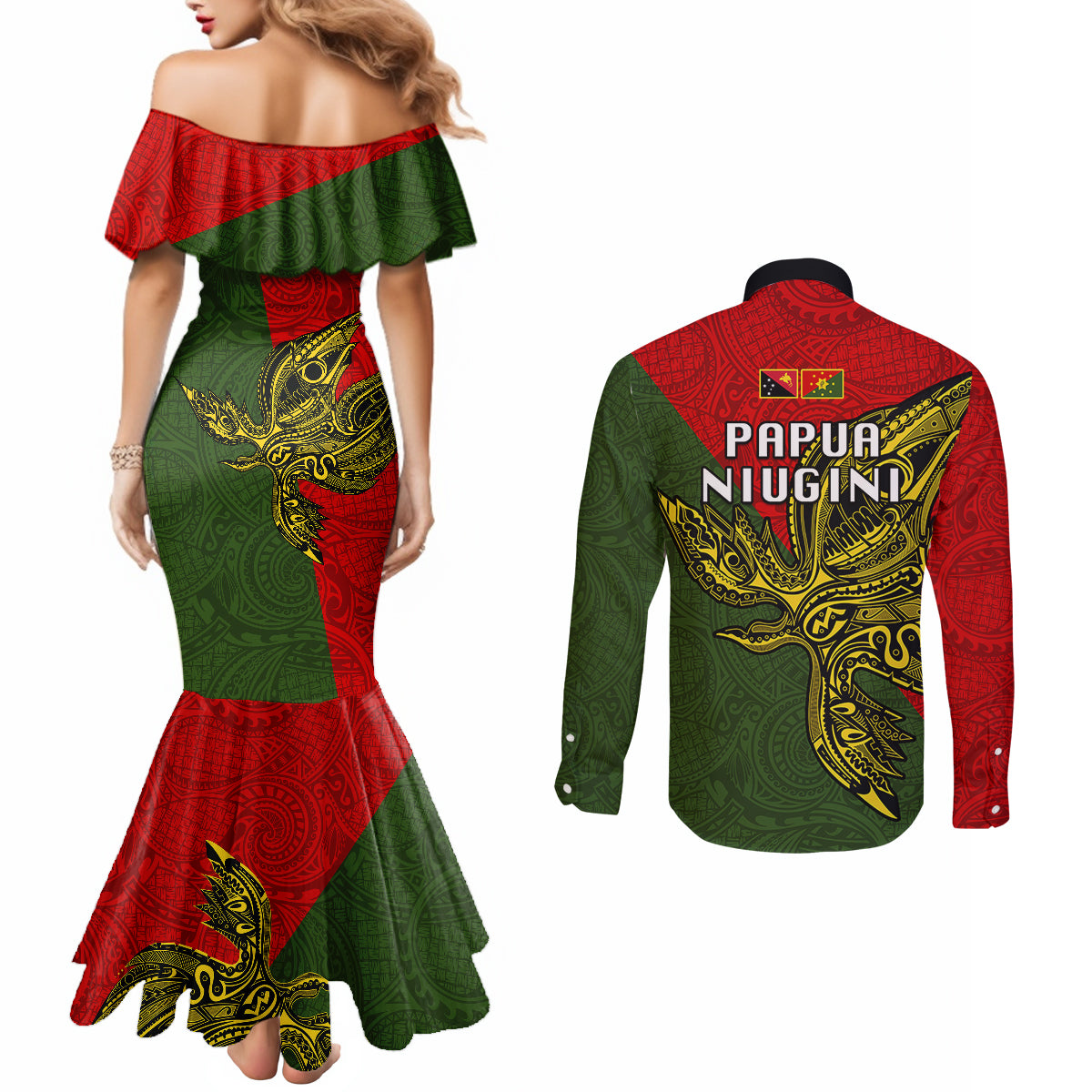 Papua New Guinea Eastern Highlands Province Couples Matching Mermaid Dress and Long Sleeve Button Shirts PNG Birds Of Paradise Polynesian Arty Style LT03 - Polynesian Pride