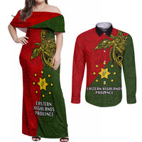 Papua New Guinea Eastern Highlands Province Couples Matching Off Shoulder Maxi Dress and Long Sleeve Button Shirts PNG Birds Of Paradise Polynesian Arty Style LT03 Green - Polynesian Pride