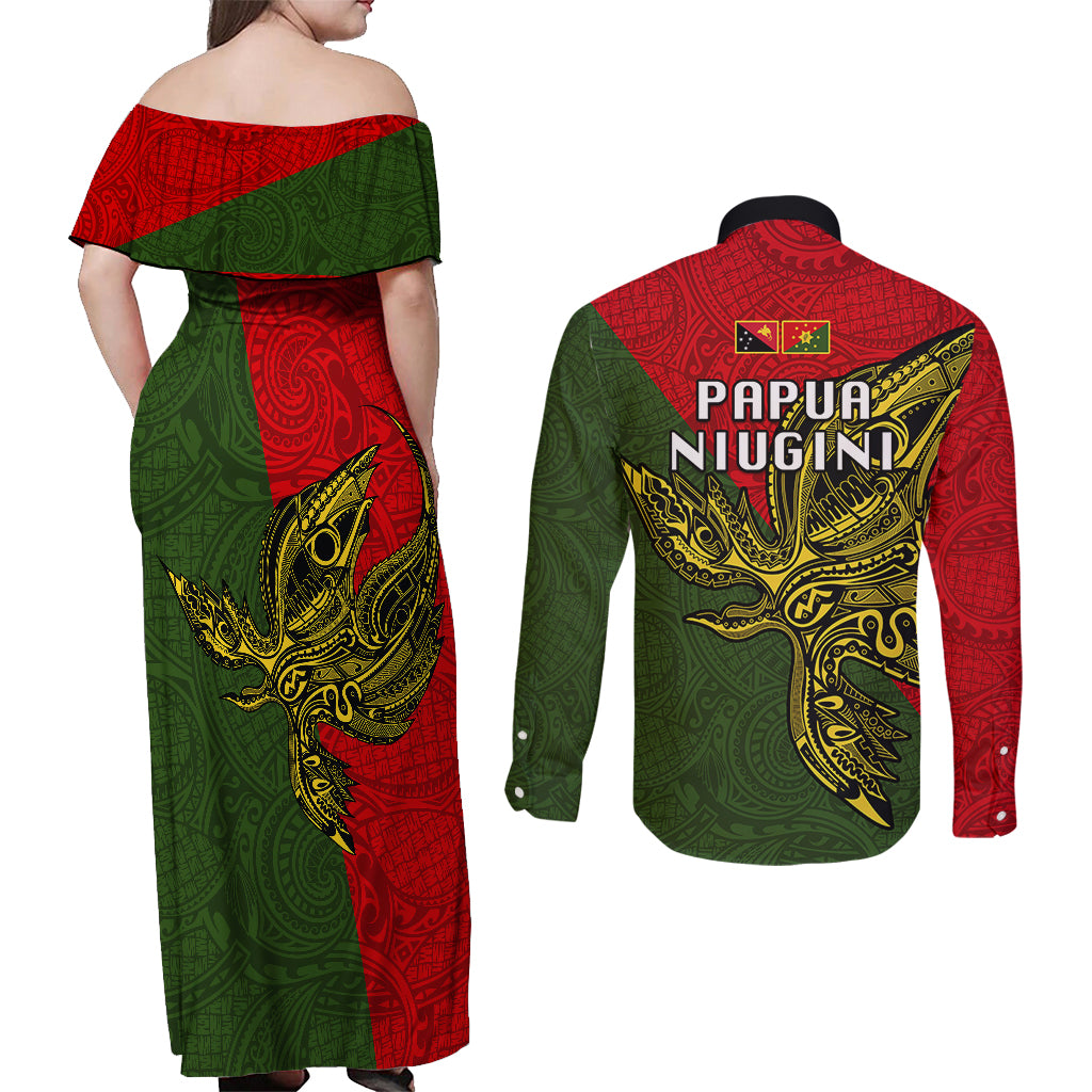 Papua New Guinea Eastern Highlands Province Couples Matching Off Shoulder Maxi Dress and Long Sleeve Button Shirts PNG Birds Of Paradise Polynesian Arty Style LT03 - Polynesian Pride