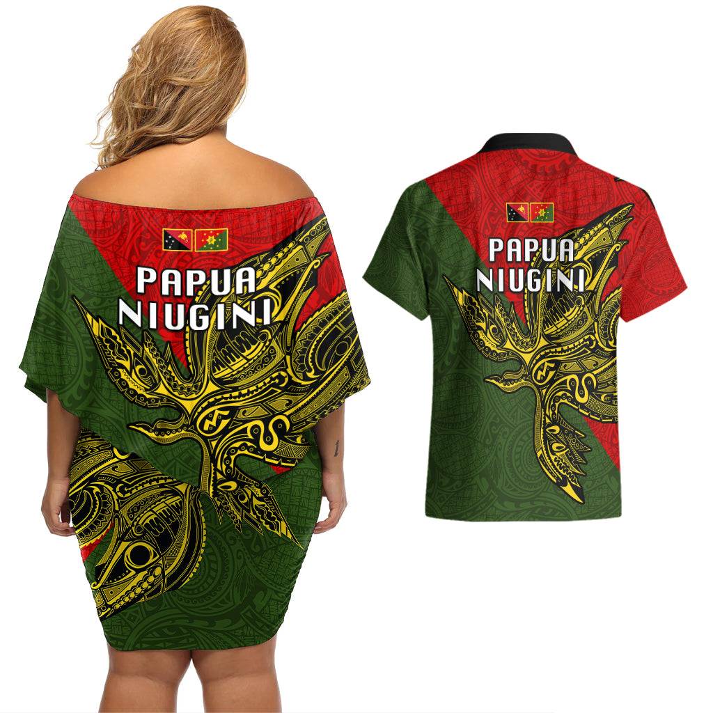 Papua New Guinea Eastern Highlands Province Couples Matching Off Shoulder Short Dress and Hawaiian Shirt PNG Birds Of Paradise Polynesian Arty Style LT03 - Polynesian Pride