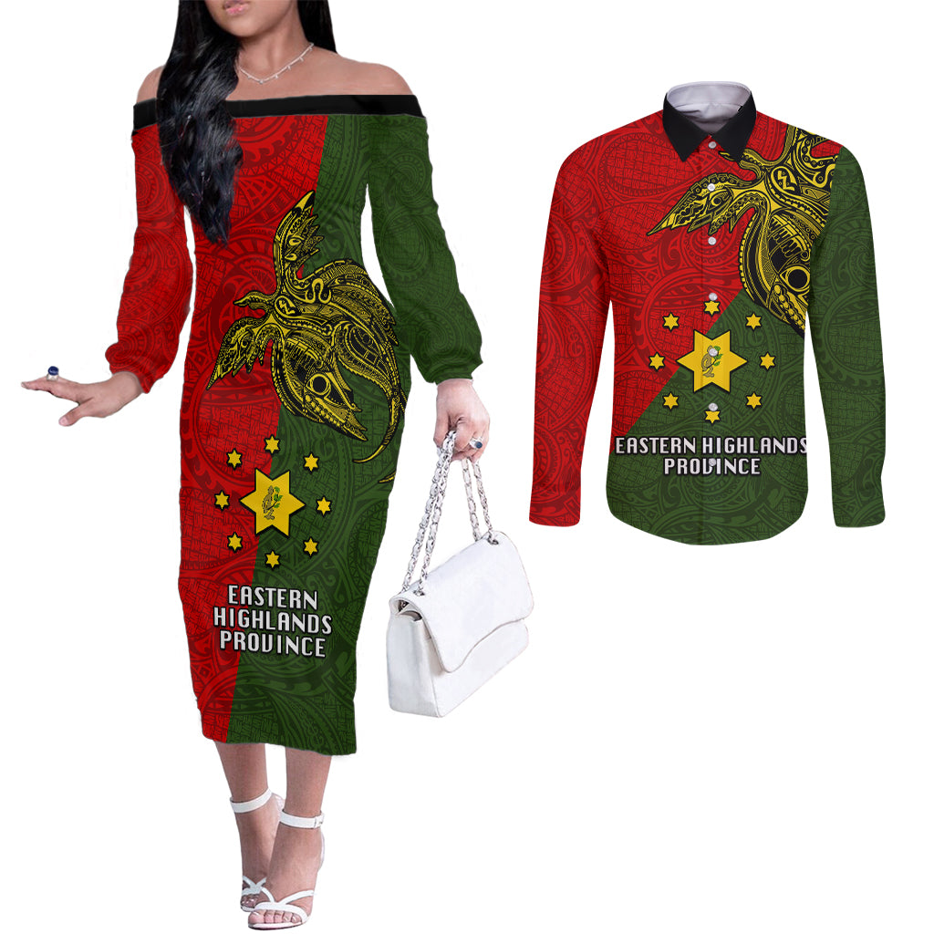Papua New Guinea Eastern Highlands Province Couples Matching Off The Shoulder Long Sleeve Dress and Long Sleeve Button Shirts PNG Birds Of Paradise Polynesian Arty Style LT03 Green - Polynesian Pride