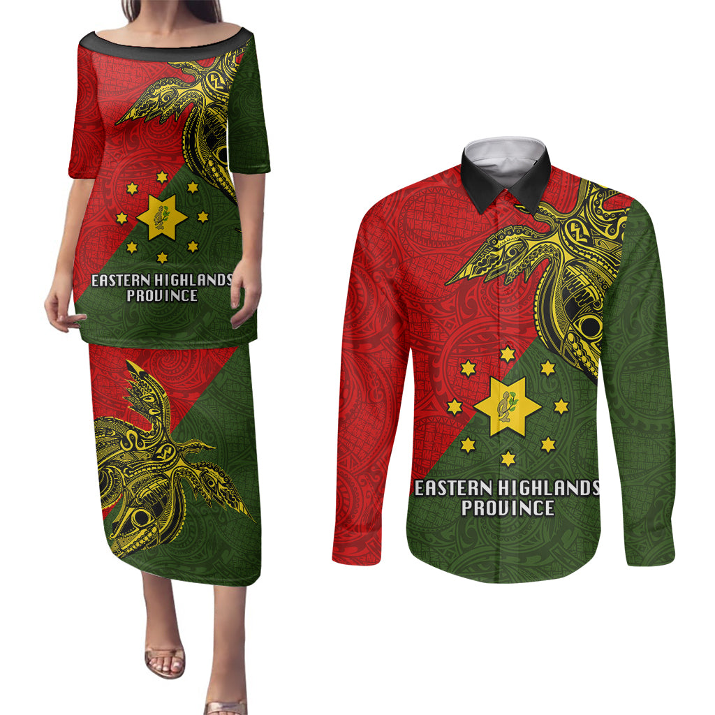 Papua New Guinea Eastern Highlands Province Couples Matching Puletasi Dress and Long Sleeve Button Shirts PNG Birds Of Paradise Polynesian Arty Style LT03 Green - Polynesian Pride