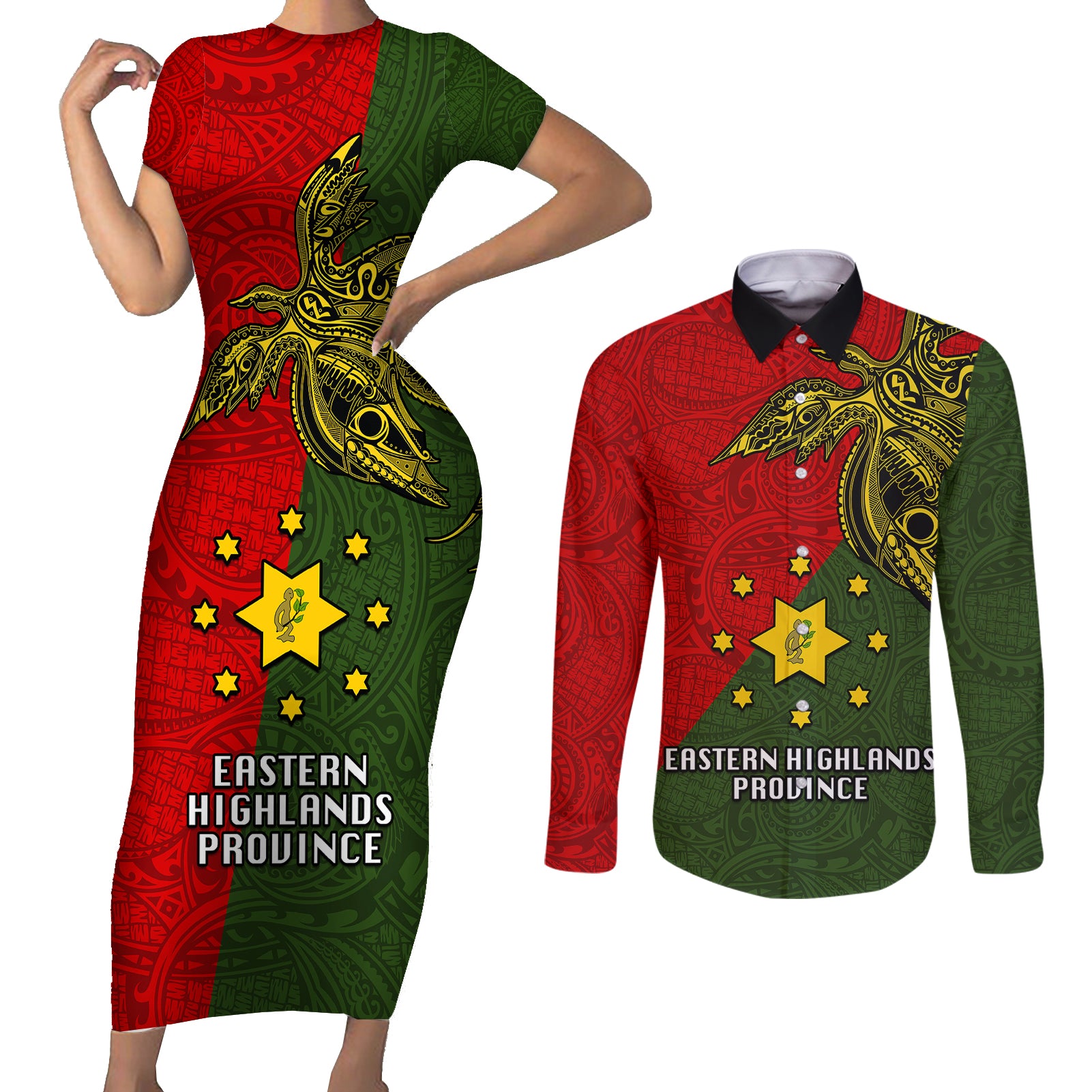 Papua New Guinea Eastern Highlands Province Couples Matching Short Sleeve Bodycon Dress and Long Sleeve Button Shirts PNG Birds Of Paradise Polynesian Arty Style LT03 Green - Polynesian Pride
