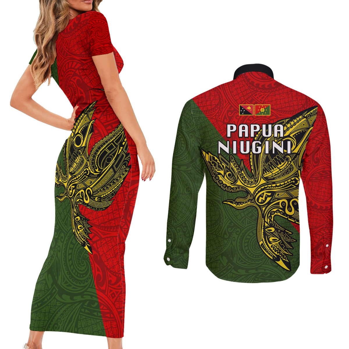 Papua New Guinea Eastern Highlands Province Couples Matching Short Sleeve Bodycon Dress and Long Sleeve Button Shirts PNG Birds Of Paradise Polynesian Arty Style LT03 - Polynesian Pride