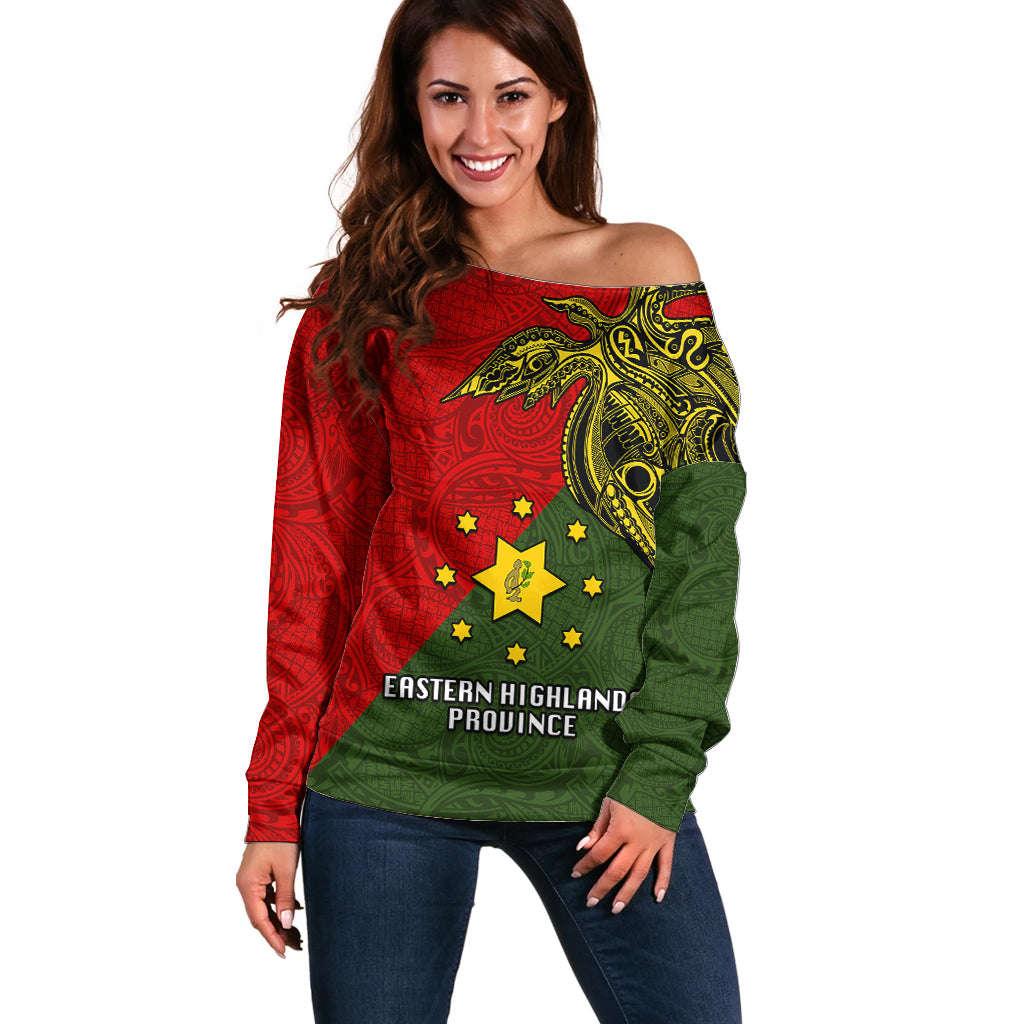 Papua New Guinea Eastern Highlands Province Off Shoulder Sweater PNG Birds Of Paradise Polynesian Arty Style LT03 Women Green - Polynesian Pride