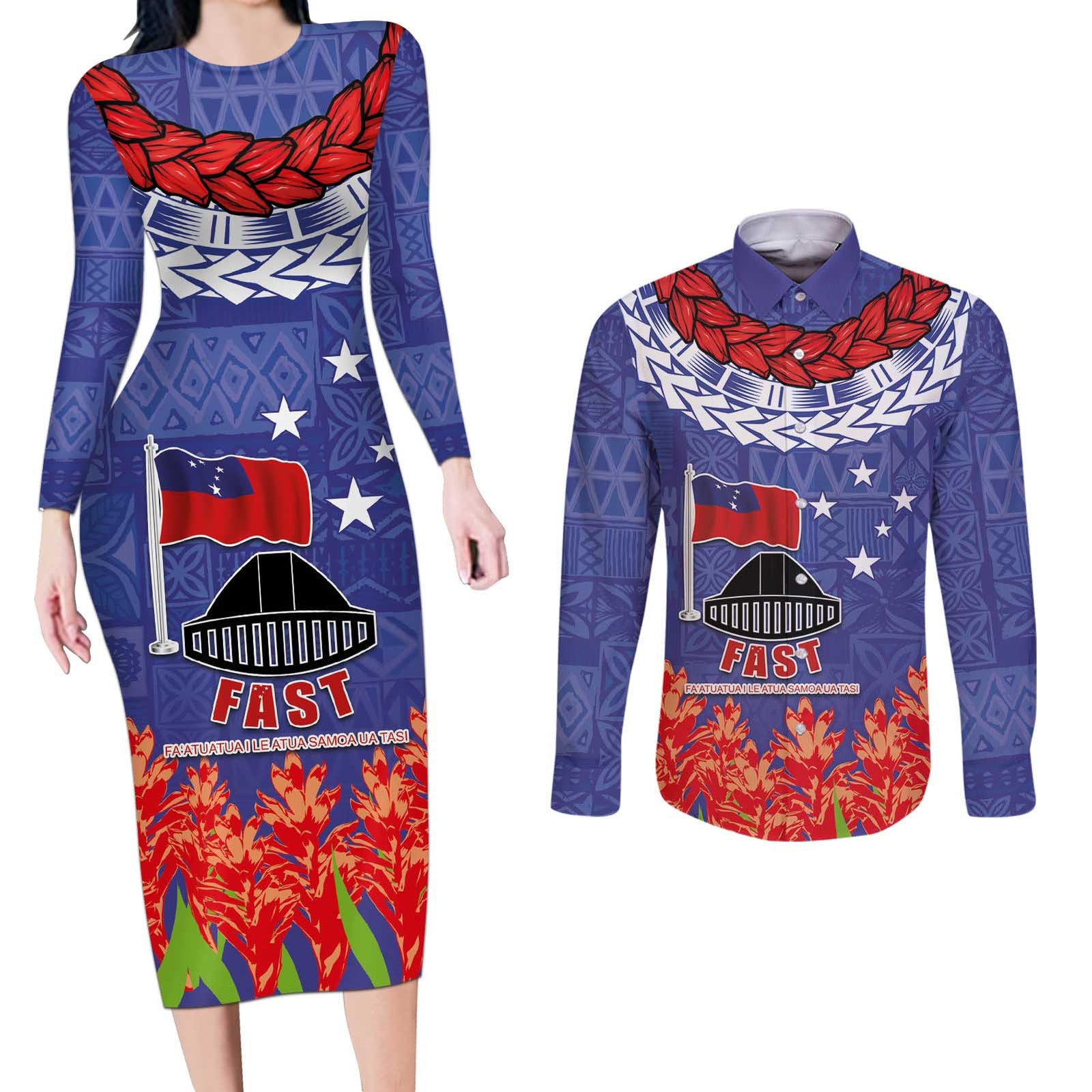 FAST Party Samoa Couples Matching Long Sleeve Bodycon Dress and Long Sleeve Button Shirt Ula Fala Teuila Polynesian Tapa Pattern LT03 Blue - Polynesian Pride