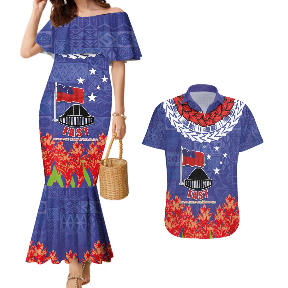 FAST Party Samoa Couples Matching Mermaid Dress and Hawaiian Shirt Ula Fala Teuila Polynesian Tapa Pattern LT03 Blue - Polynesian Pride