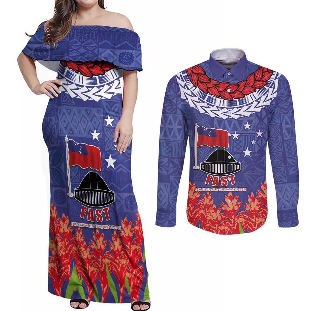 FAST Party Samoa Couples Matching Off Shoulder Maxi Dress and Long Sleeve Button Shirt Ula Fala Teuila Polynesian Tapa Pattern LT03 Blue - Polynesian Pride