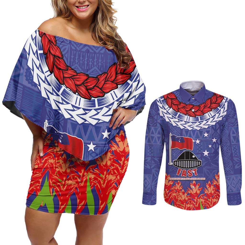 FAST Party Samoa Couples Matching Off Shoulder Short Dress and Long Sleeve Button Shirt Ula Fala Teuila Polynesian Tapa Pattern LT03 Blue - Polynesian Pride
