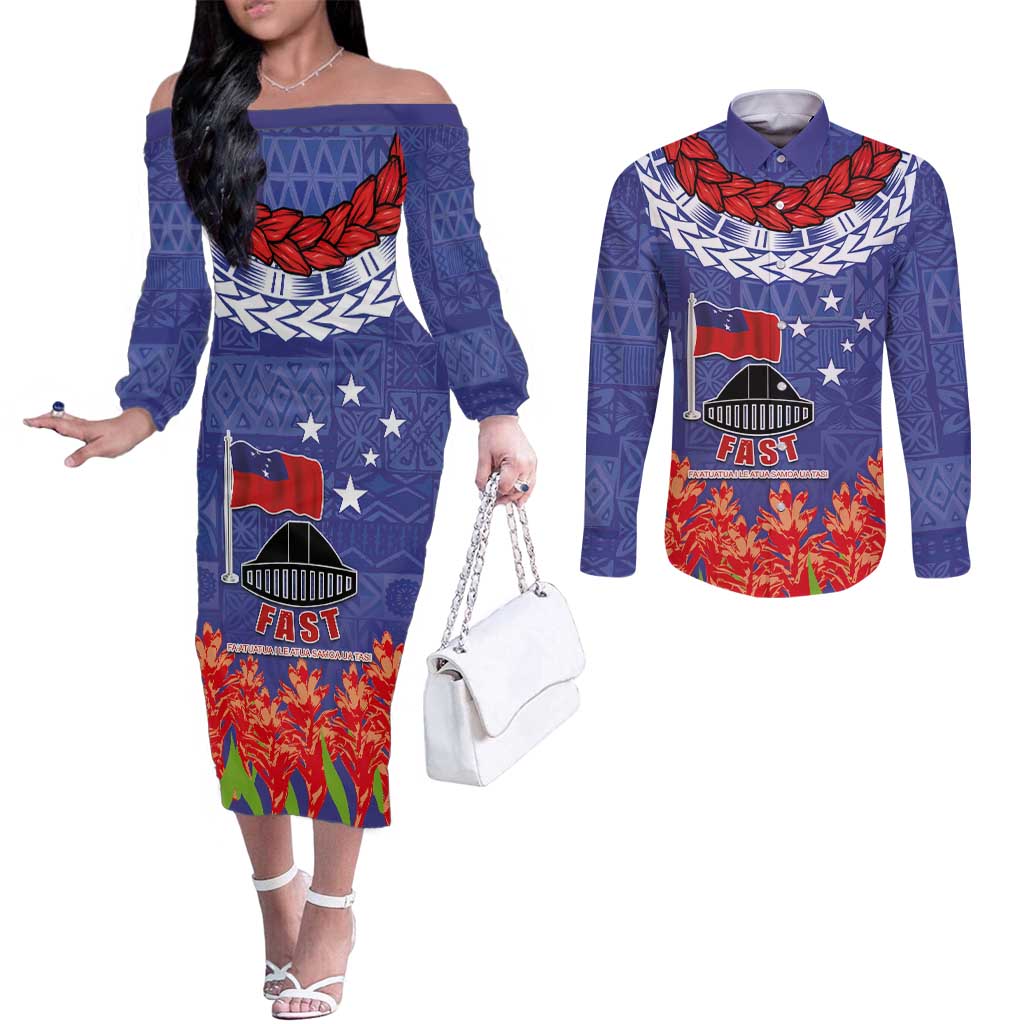 FAST Party Samoa Couples Matching Off The Shoulder Long Sleeve Dress and Long Sleeve Button Shirt Ula Fala Teuila Polynesian Tapa Pattern LT03 Blue - Polynesian Pride