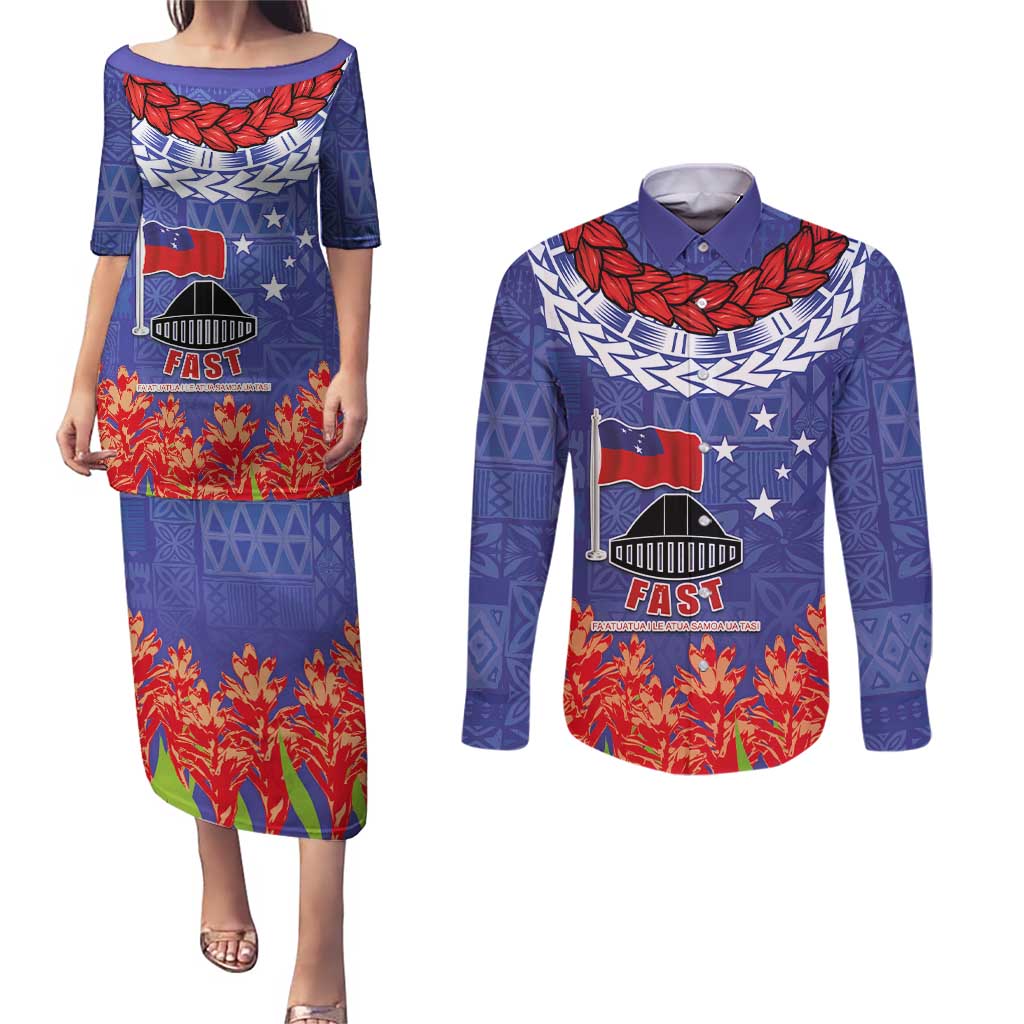 FAST Party Samoa Couples Matching Puletasi and Long Sleeve Button Shirt Ula Fala Teuila Polynesian Tapa Pattern LT03 Blue - Polynesian Pride