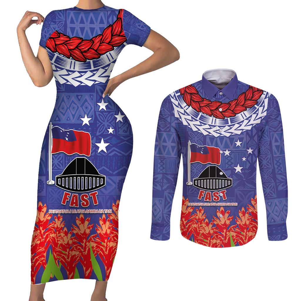 FAST Party Samoa Couples Matching Short Sleeve Bodycon Dress and Long Sleeve Button Shirt Ula Fala Teuila Polynesian Tapa Pattern LT03 Blue - Polynesian Pride
