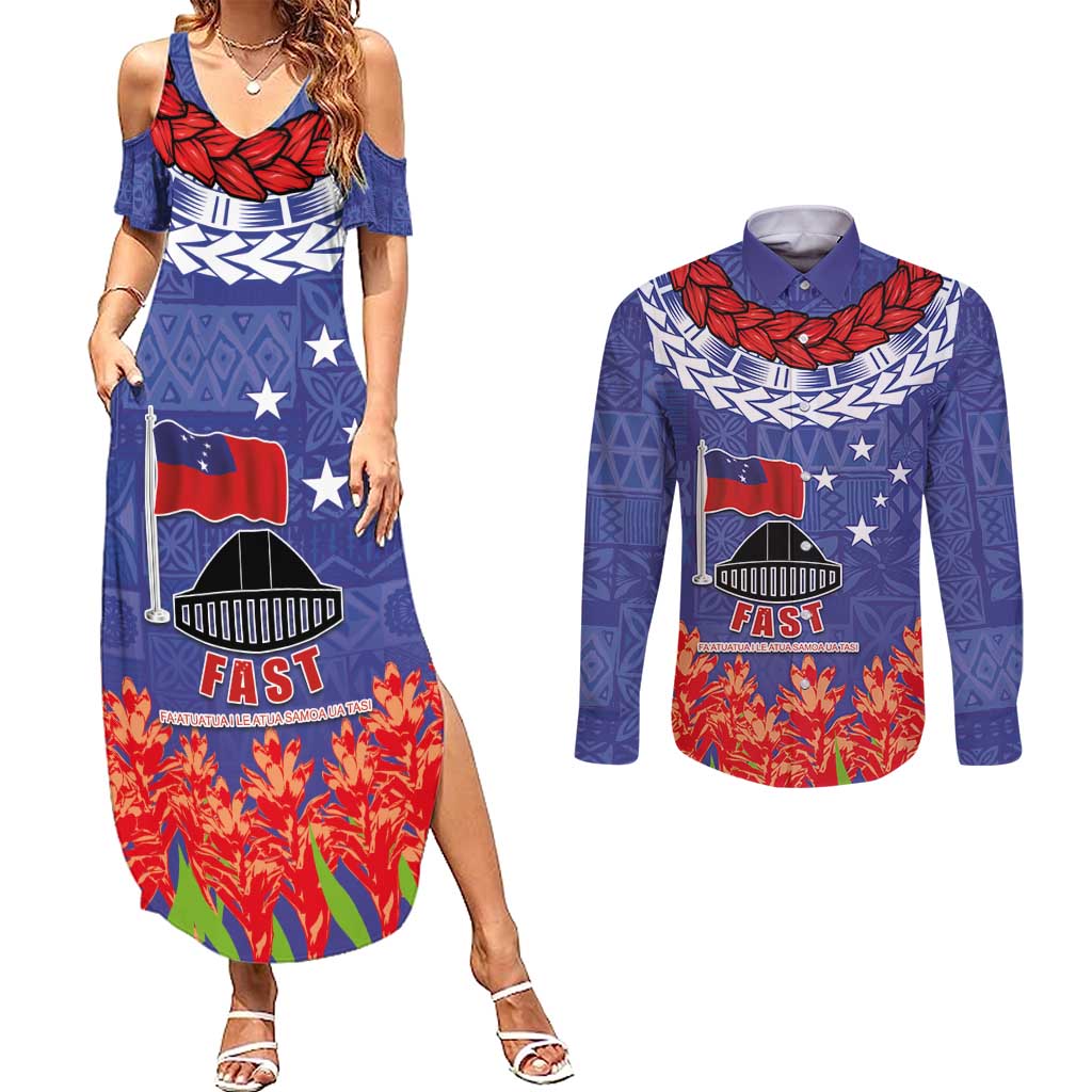 FAST Party Samoa Couples Matching Summer Maxi Dress and Long Sleeve Button Shirt Ula Fala Teuila Polynesian Tapa Pattern LT03 Blue - Polynesian Pride