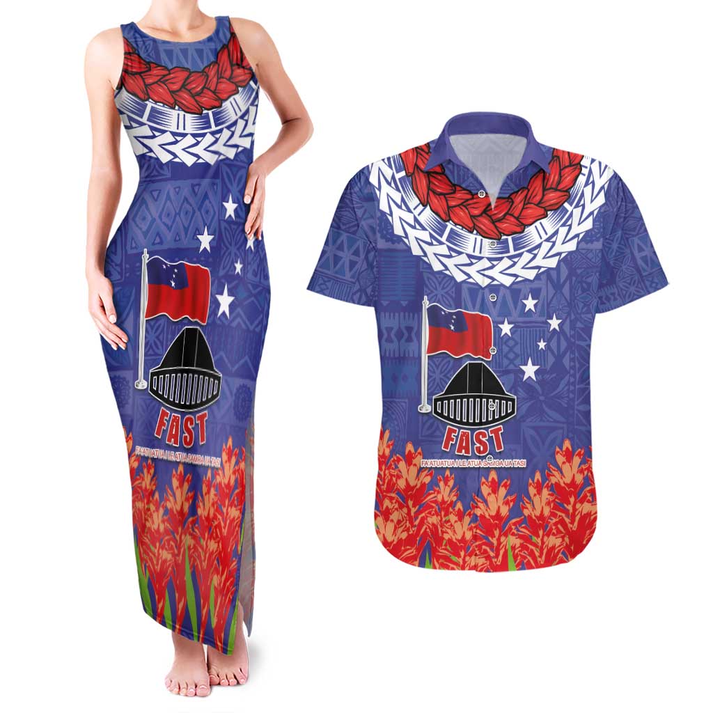 FAST Party Samoa Couples Matching Tank Maxi Dress and Hawaiian Shirt Ula Fala Teuila Polynesian Tapa Pattern LT03 Blue - Polynesian Pride