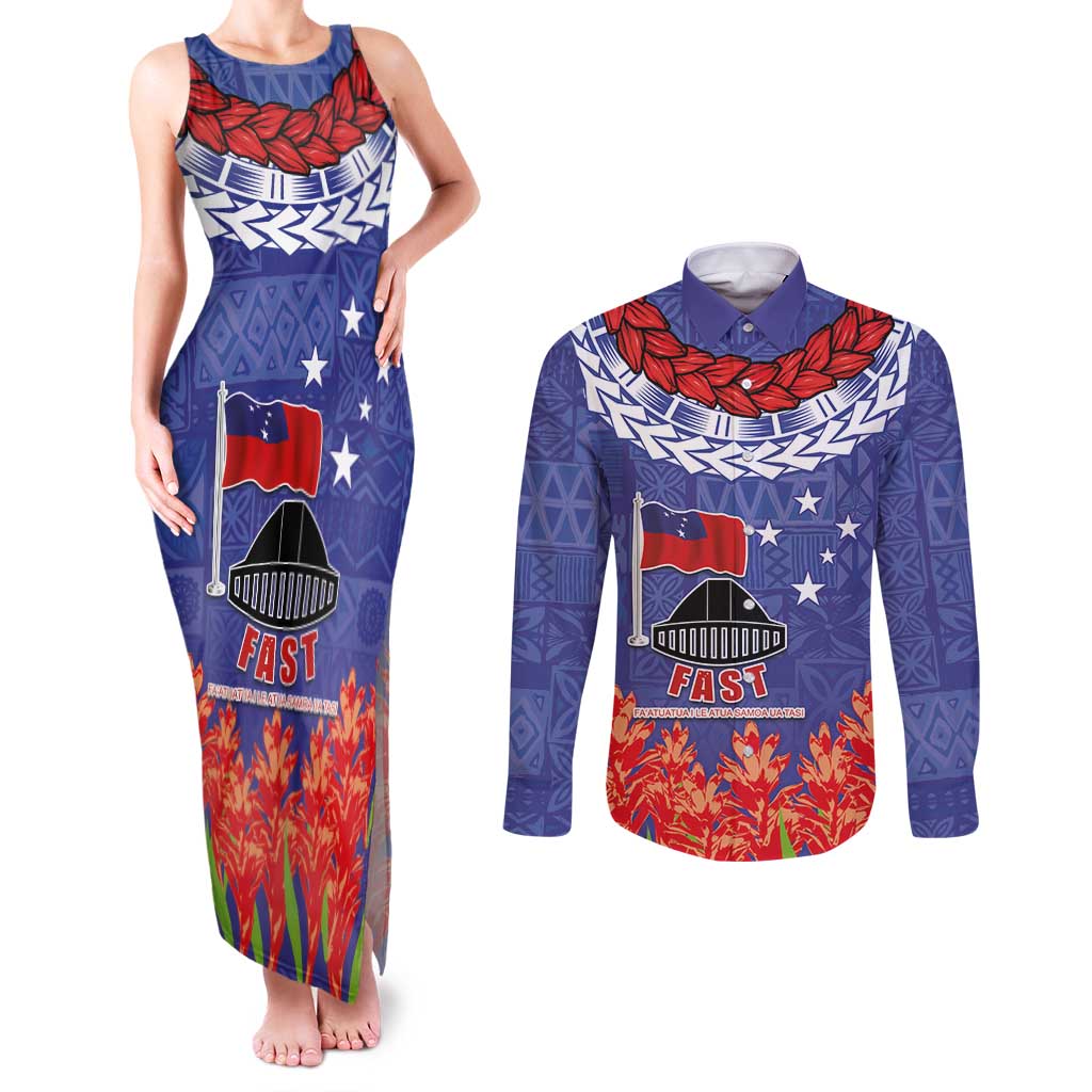 FAST Party Samoa Couples Matching Tank Maxi Dress and Long Sleeve Button Shirt Ula Fala Teuila Polynesian Tapa Pattern LT03 Blue - Polynesian Pride