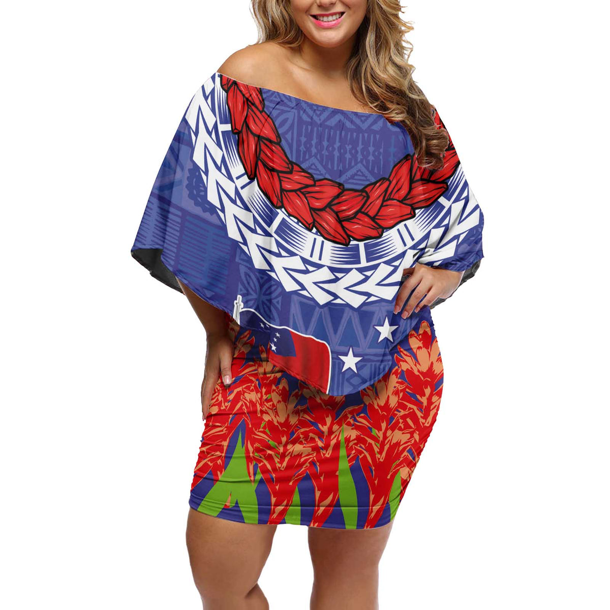 FAST Party Samoa Off Shoulder Short Dress Ula Fala Teuila Polynesian Tapa Pattern LT03 Women Blue - Polynesian Pride