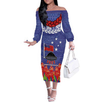 FAST Party Samoa Off The Shoulder Long Sleeve Dress Ula Fala Teuila Polynesian Tapa Pattern LT03 Women Blue - Polynesian Pride