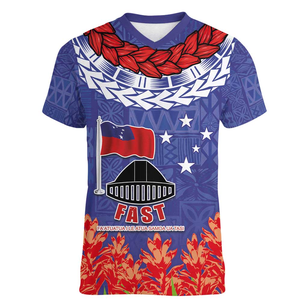 FAST Party Samoa Women V-Neck T-Shirt Ula Fala Teuila Polynesian Tapa Pattern LT03 Female Blue - Polynesian Pride