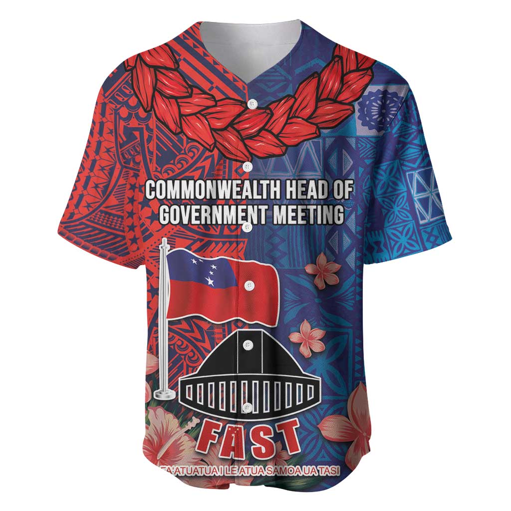 CHOGM FAST Samoa 2024 Baseball Jersey Samoan Tapa Tribal and Ornament Pattern with Hibiscus LT03 Blue - Polynesian Pride