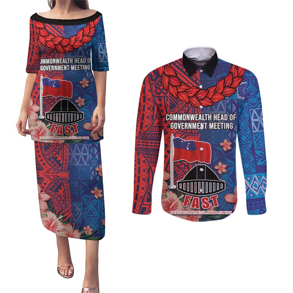CHOGM FAST Samoa 2024 Couples Matching Puletasi and Long Sleeve Button Shirt Samoan Tapa Tribal and Ornament Pattern with Hibiscus LT03 Blue - Polynesian Pride
