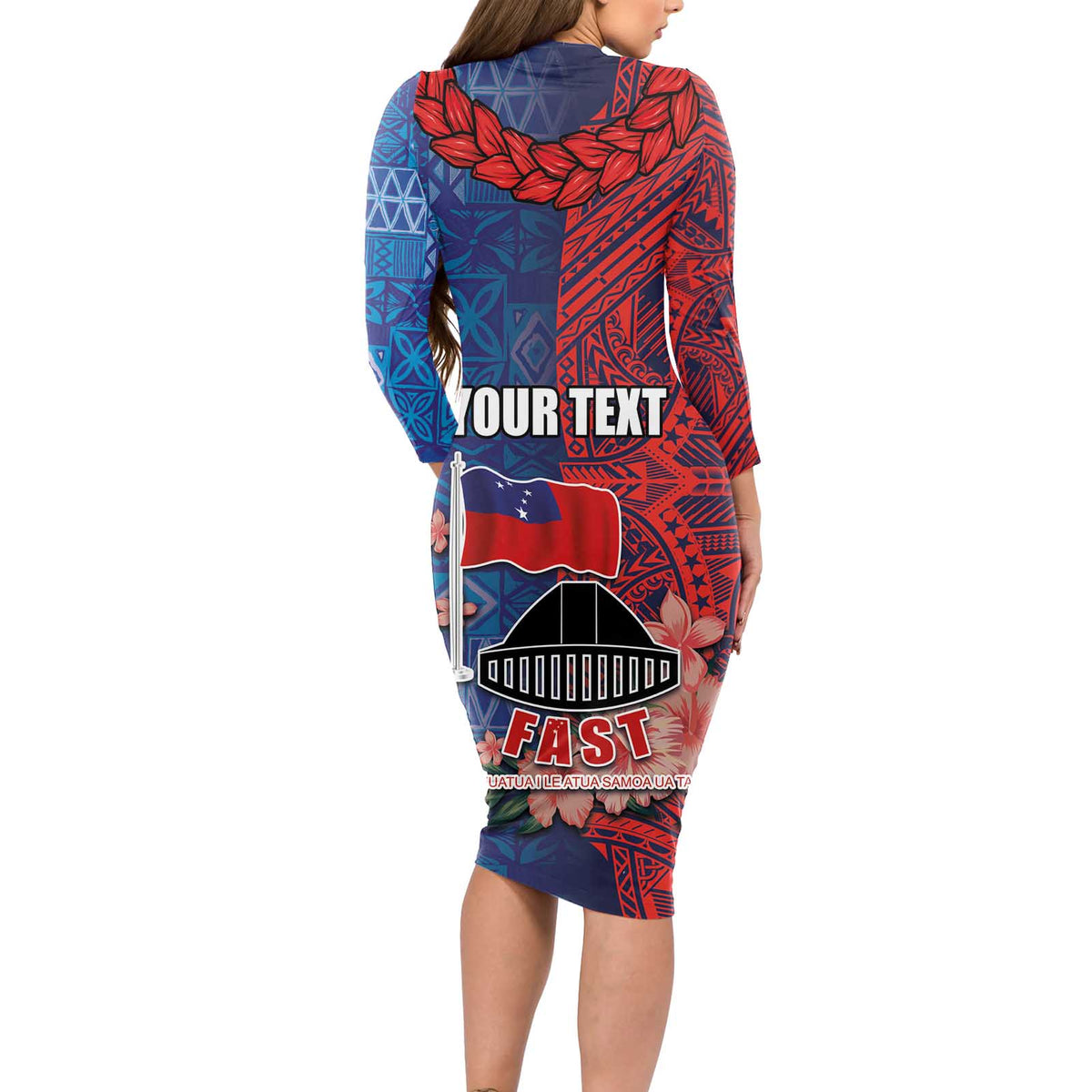 CHOGM FAST Samoa 2024 Long Sleeve Bodycon Dress Samoan Tapa Tribal and Ornament Pattern with Hibiscus