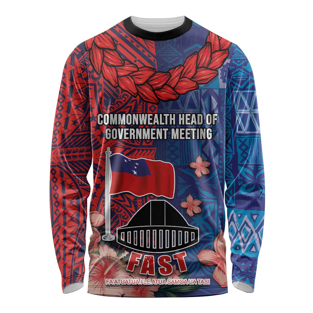 CHOGM FAST Samoa 2024 Long Sleeve Shirt Samoan Tapa Tribal and Ornament Pattern with Hibiscus LT03 Unisex Blue - Polynesian Pride