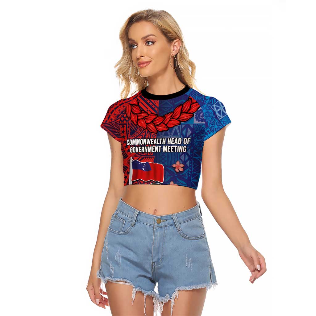 CHOGM FAST Samoa 2024 Raglan Cropped T Shirt Samoan Tapa Tribal and Ornament Pattern with Hibiscus LT03 Female Blue - Polynesian Pride
