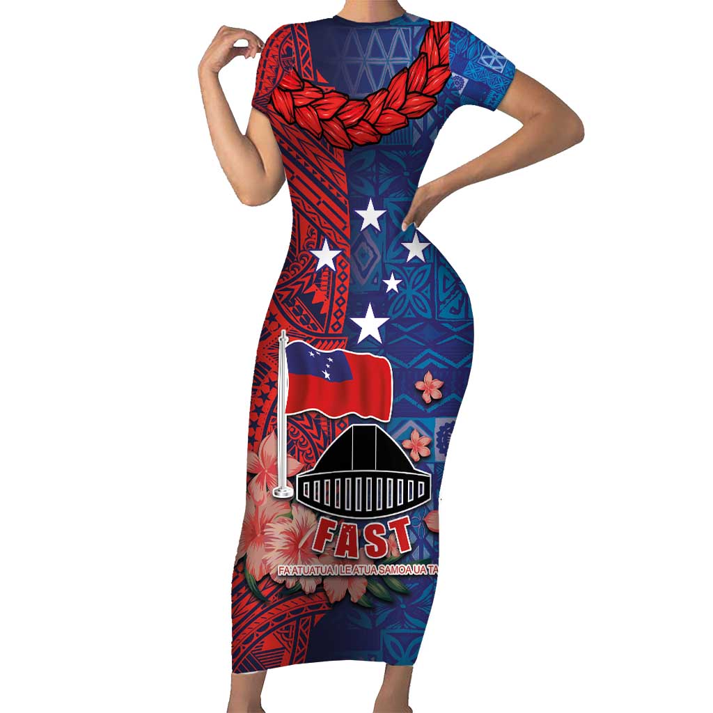 CHOGM FAST Samoa 2024 Short Sleeve Bodycon Dress Samoan Tapa Tribal and Ornament Pattern with Hibiscus LT03 Long Dress Blue - Polynesian Pride