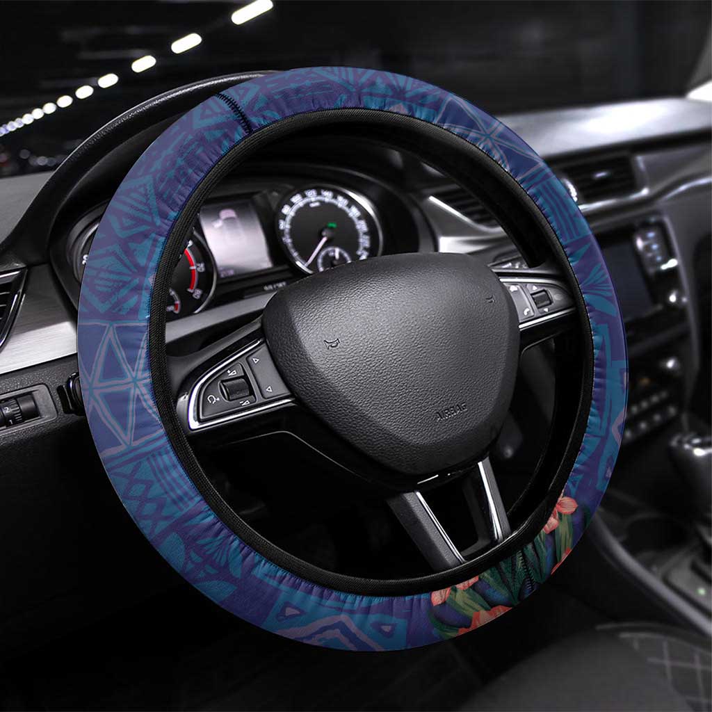 CHOGM FAST Samoa 2024 Steering Wheel Cover Samoan Tapa Tribal and Ornament Pattern with Hibiscus LT03 Universal Fit Blue - Polynesian Pride