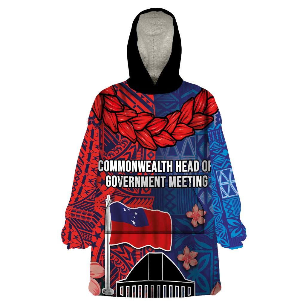 CHOGM FAST Samoa 2024 Wearable Blanket Hoodie Samoan Tapa Tribal and Ornament Pattern with Hibiscus LT03 One Size Blue - Polynesian Pride