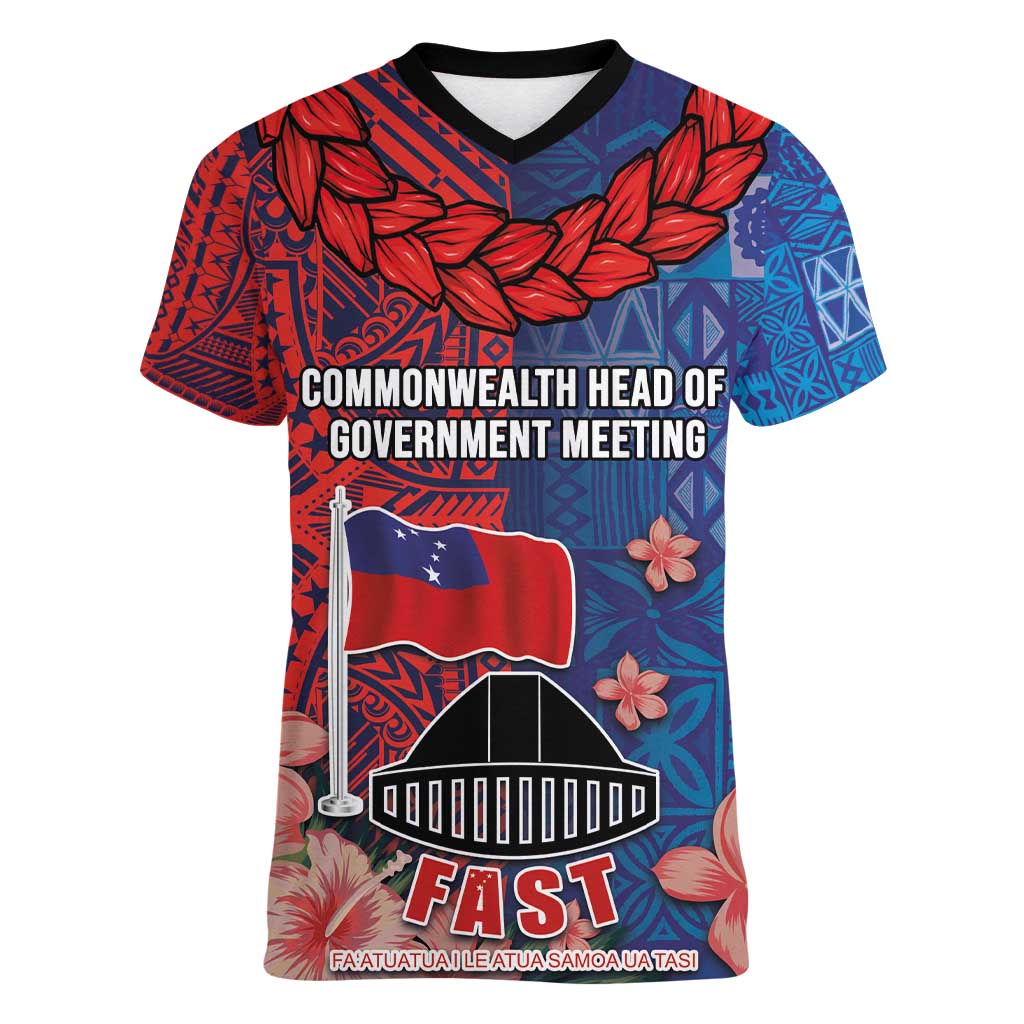 CHOGM FAST Samoa 2024 Women V-Neck T-Shirt Samoan Tapa Tribal and Ornament Pattern with Hibiscus LT03 Female Blue - Polynesian Pride