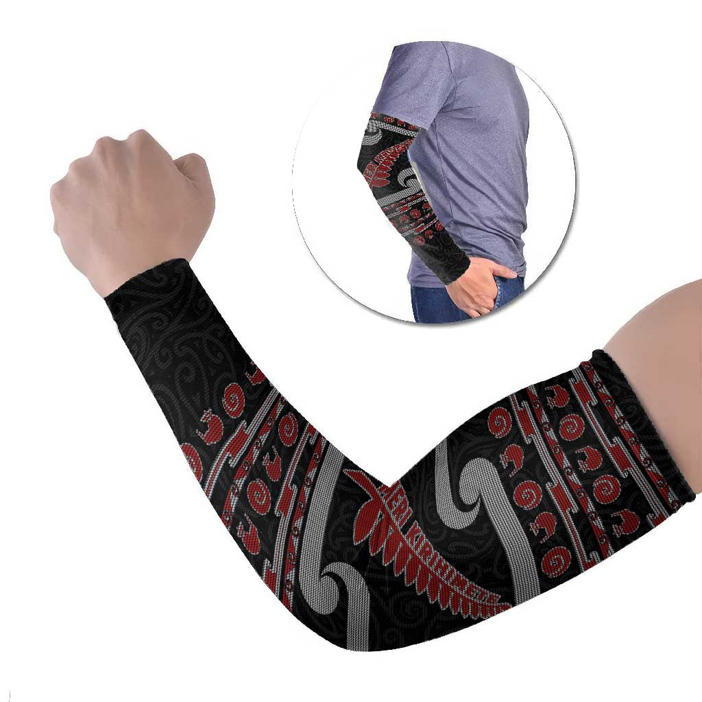 New Zealand Christmas Arm Sleeves Meri Kirihimete Silver Fern Knit Style Red Color - Polynesian Pride