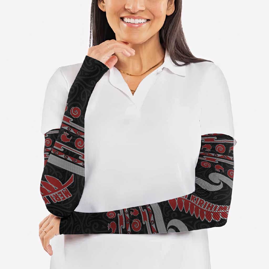 New Zealand Christmas Arm Sleeves Meri Kirihimete Silver Fern Knit Style Red Color - Polynesian Pride