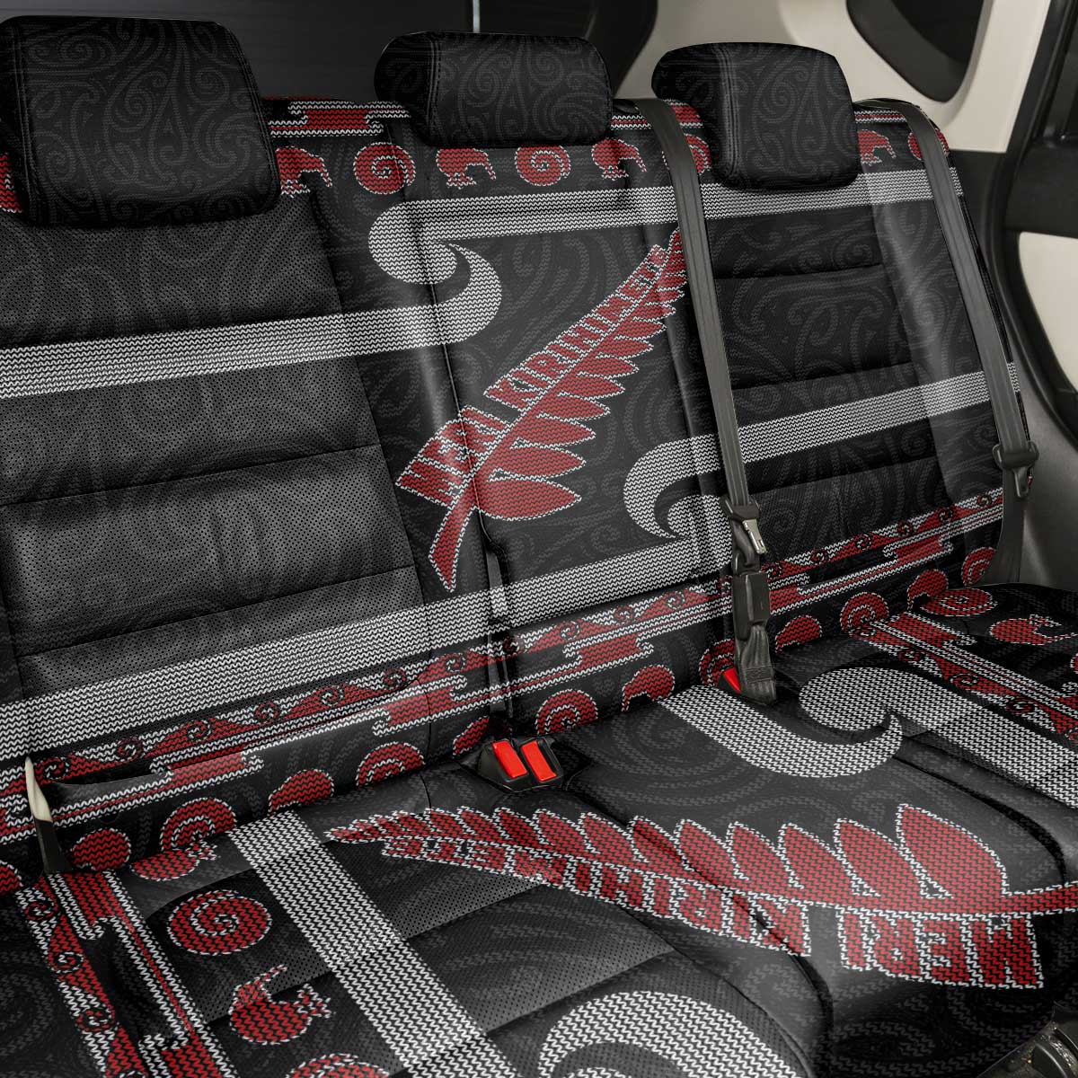 New Zealand Christmas Back Car Seat Cover Meri Kirihimete Silver Fern Knit Style Red Color - Polynesian Pride